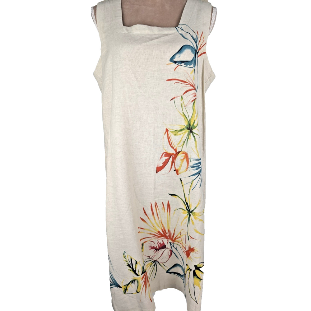 For Cynthia Linen Shift Dress Floral Tan Multi Color Medium Beachy Coastal